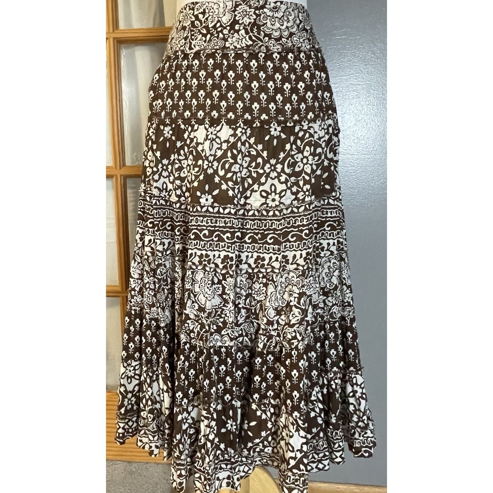 JNY Sports Tiered Floral Midi Skirt Sz 10 Brown White Boho Country Cottage Beach